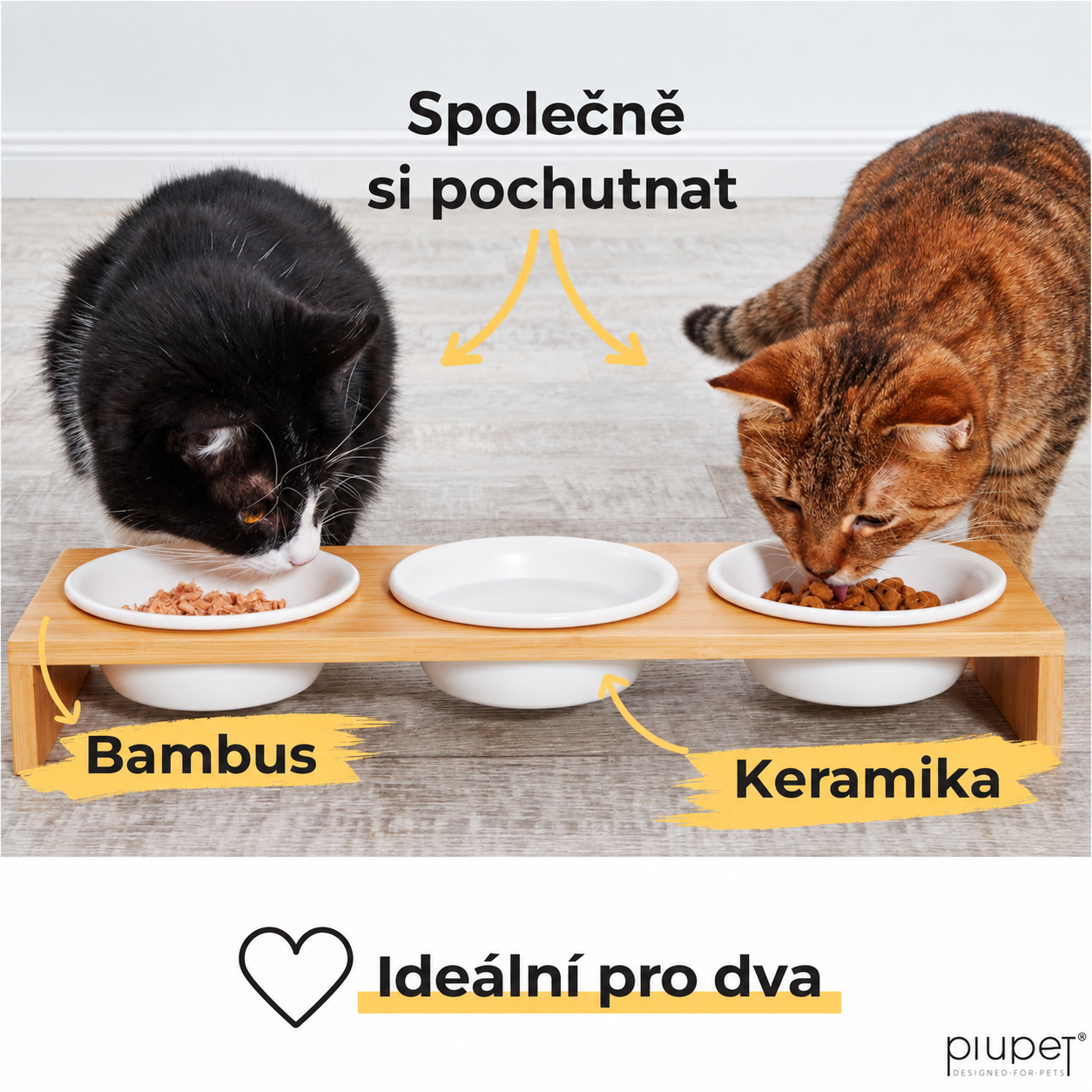 PIUPET CAMI 3× keramická miska pro kočky s bambusovým stojanem 250 ml