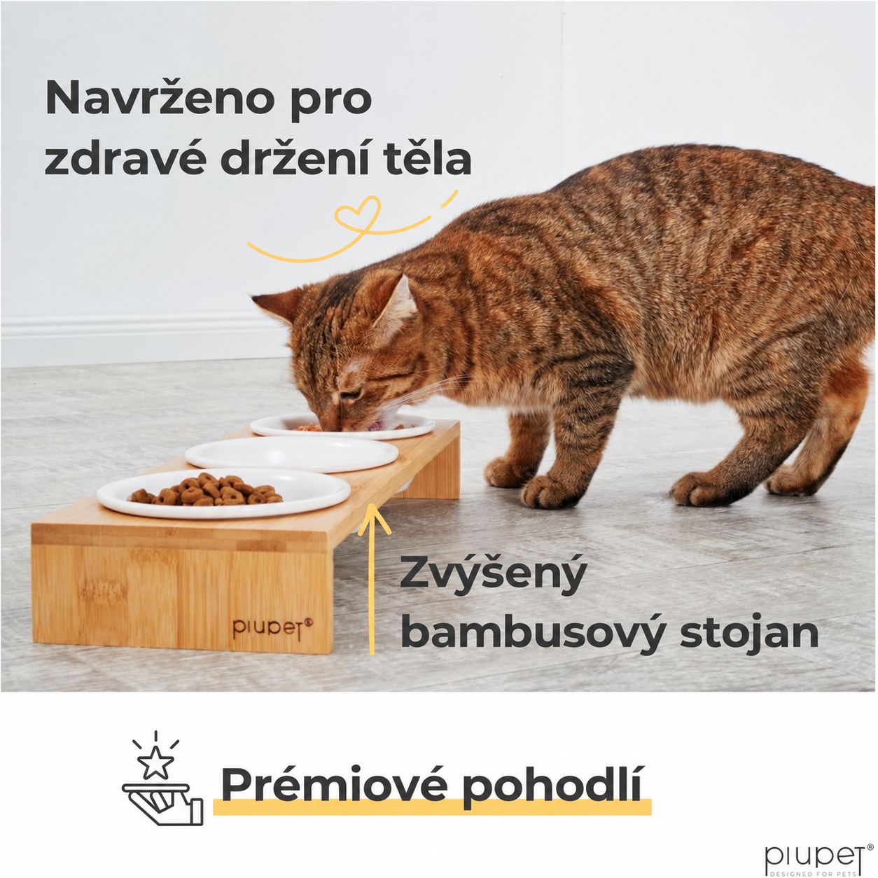PIUPET CAMI 3× keramická miska pro kočky s bambusovým stojanem 250 ml
