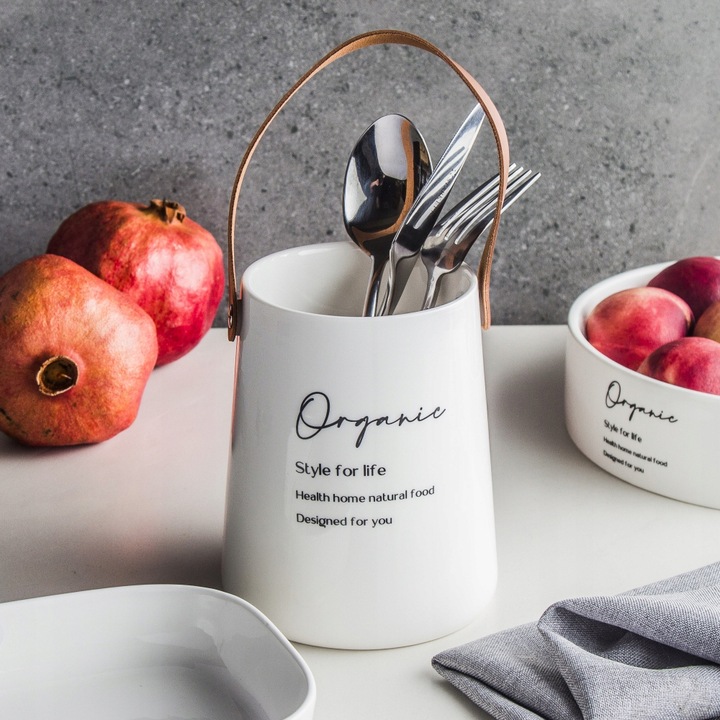Porcelánová nádoba na příbory Altom Design Organic s úchytem z eko kůže