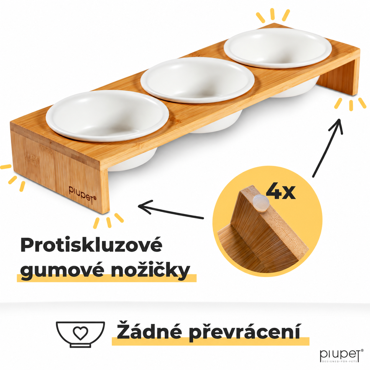 PIUPET CAMI 3× keramická miska pro kočky s bambusovým stojanem 250 ml